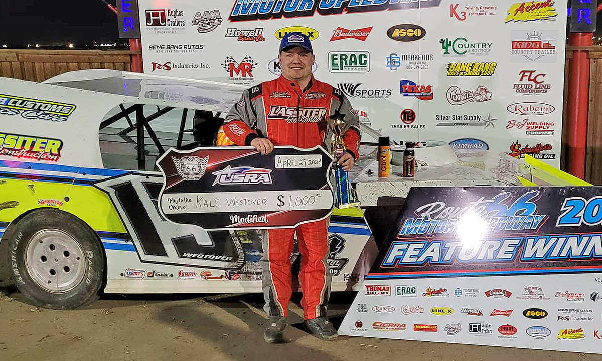 Kale Westover won the TB Trailer Sales USRA Modified main event at the Route 66 Motor Speedway in Amarillo, Texas, on Saturday, April 27, 2024.